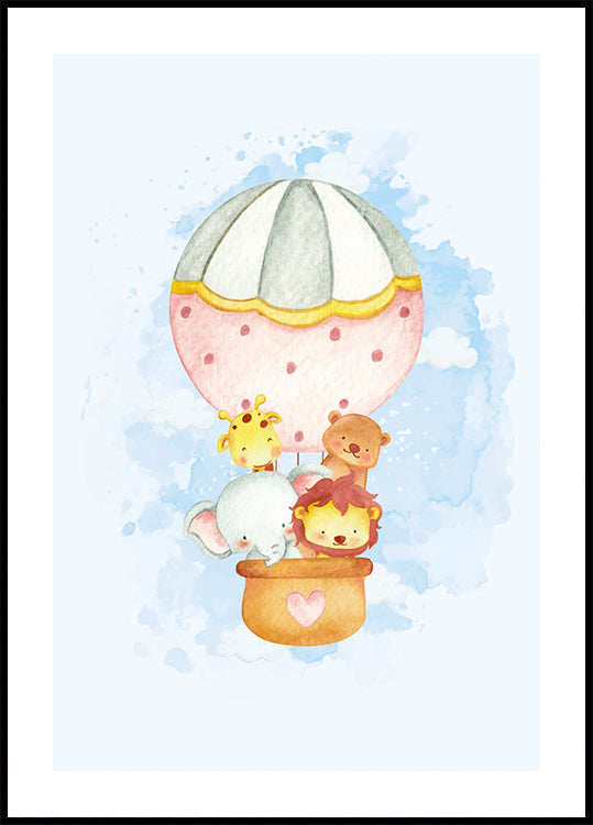 Watercolor Animals in Hot Air Balloon Plakat - Posterbox.dk