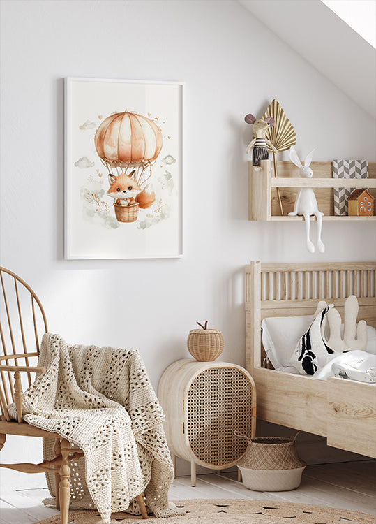 Watercolor Baby Fox on a Balloon Plakat - Posterbox.dk