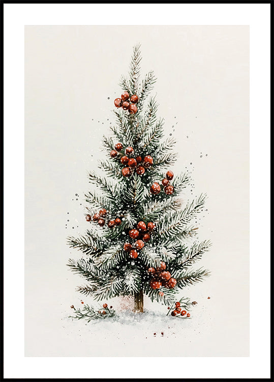 Watercolor Christmas Tree with Red Berries Plakat - Posterbox.dk