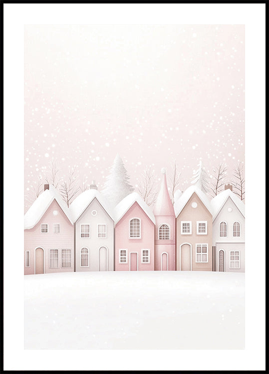 Watercolor Snowy Pink Houses Plakat - Posterbox.dk