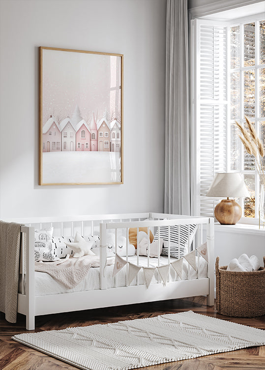 Watercolor Snowy Pink Houses Plakat - Posterbox.dk