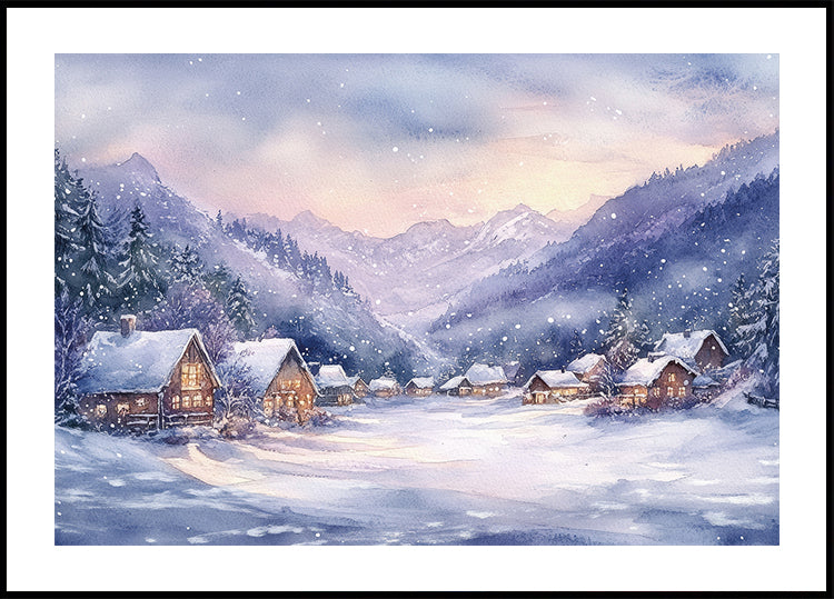 Watercolor Winter Mountain Village Plakat - Posterbox.dk