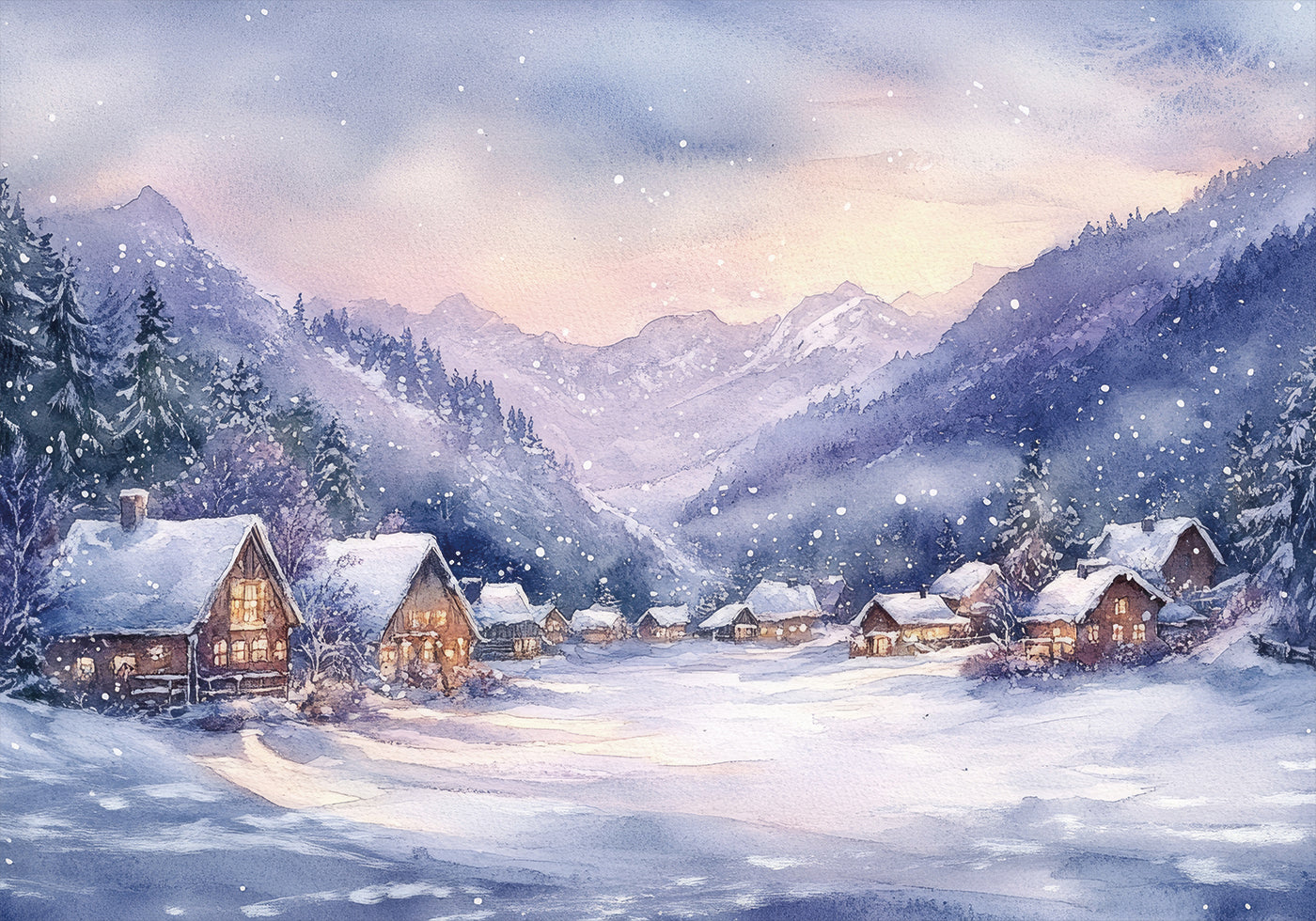 Watercolor Winter Mountain Village Plakat - Posterbox.dk