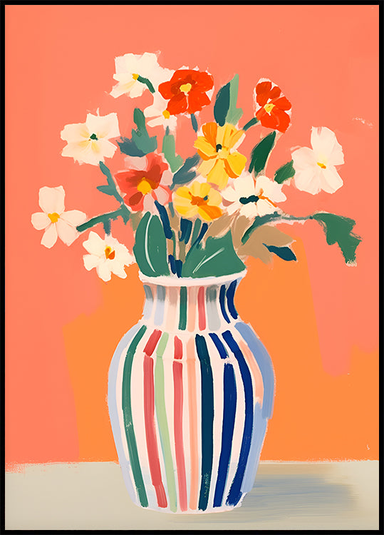 Wildflowers, Striped Vase, Coral Background Plakat - Posterbox.dk
