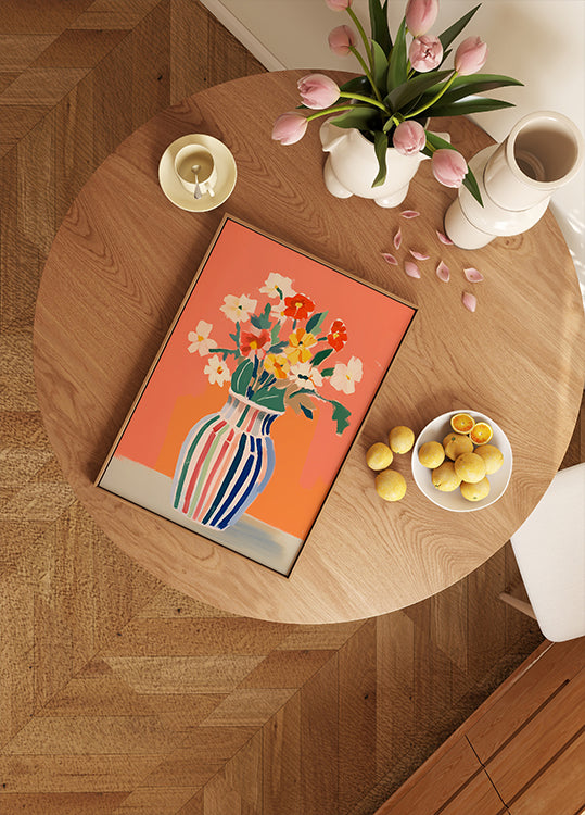 Wildflowers, Striped Vase, Coral Background Plakat - Posterbox.dk