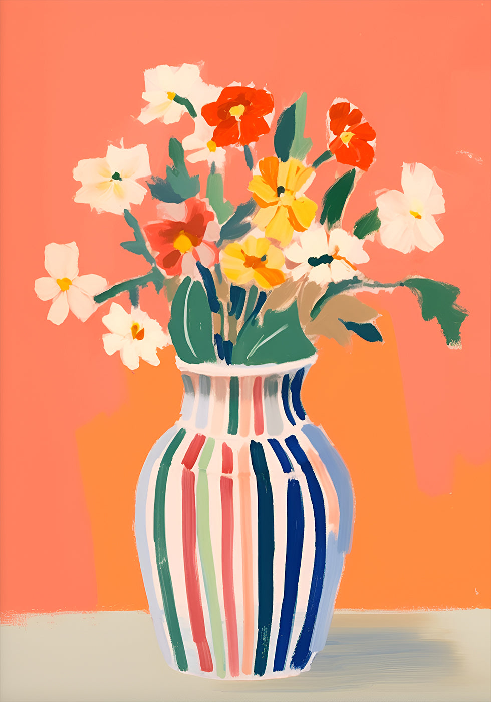 Wildflowers, Striped Vase, Coral Background Plakat - Posterbox.dk