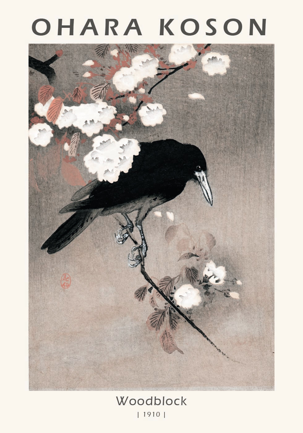 Woodblock, Crow on Cherry Blossom Branch By Ohara Koson Plakat - Posterbox.dk