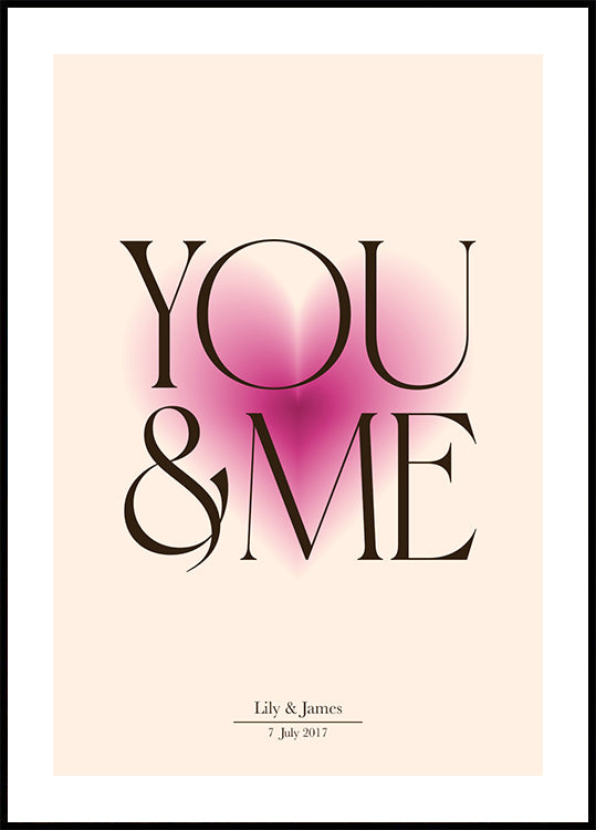 You & Me, Pink Heart, Personalized Couple Plakat - Posterbox.dk