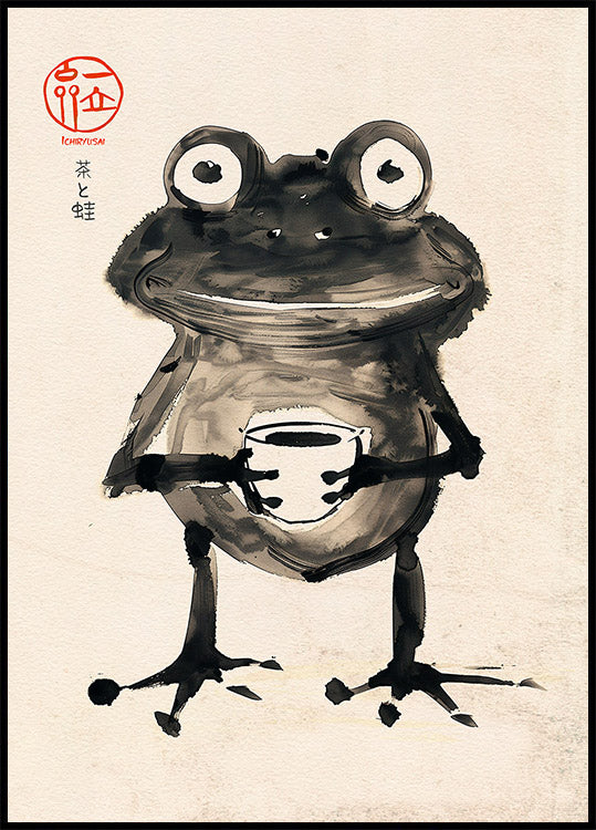 Zen Frog with Tea, Japanese Ink Art Plakat - Posterbox.dk