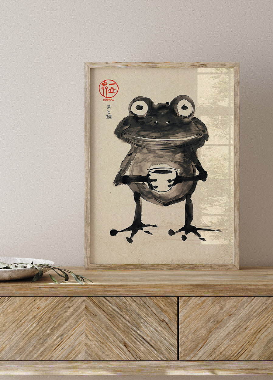 Zen Frog with Tea, Japanese Ink Art Plakat - Posterbox.dk