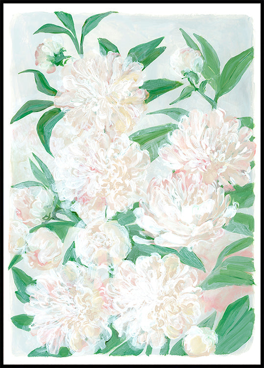 The image is a vibrant and lush painting of a variety of white and pink flowers, including peonies, surrounded by green leaves.