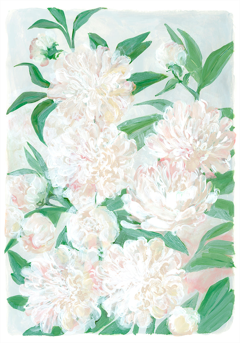 The image is a vibrant and colorful painting of a variety of white and pink flowers, including peonies, against a light blue background.