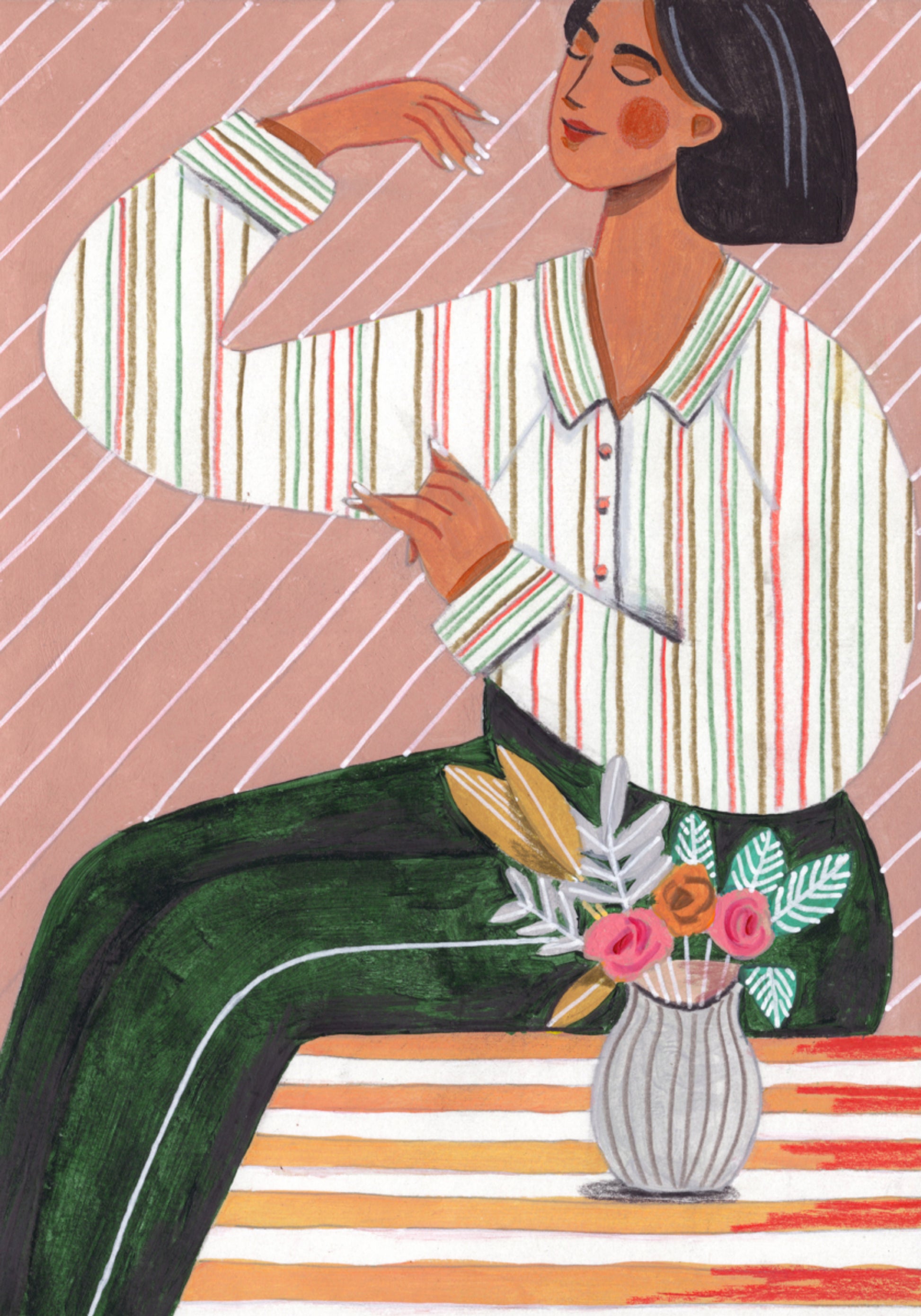 Woman in Stripes Shirt and Green Pants
