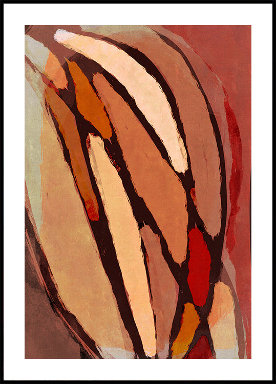 The image is an abstract painting with bold, overlapping brushstrokes in various shades of brown, orange, and red, creating a dynamic and energetic composition.