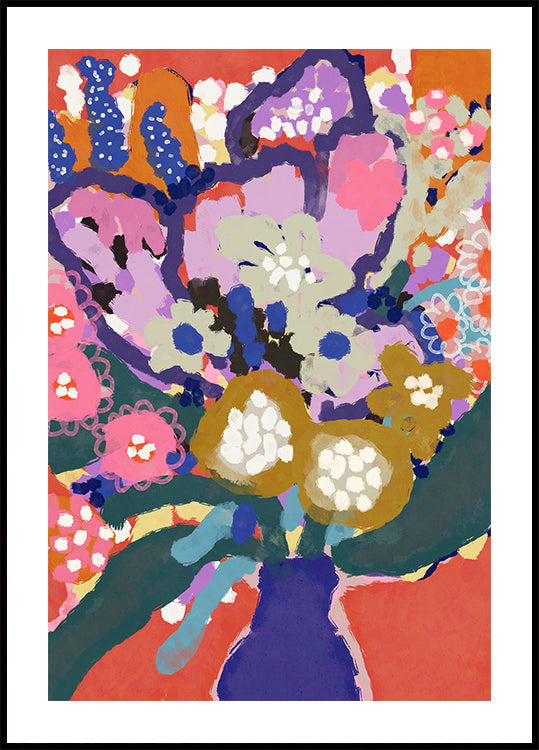 The image is a vibrant and colorful abstract painting featuring a variety of flowers and foliage in a variety of colors, including shades of pink, blue, green, and yellow. The painting is framed in a black frame, which contrasts with the bright and lively colors of the artwork.