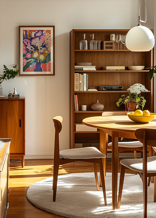 a cozy and well-organized living room with a wooden bookshelf, a round wooden table, and a wooden chair. The room has a warm and inviting atmosphere, with a painting on the wall and a bowl of fruit on the table.